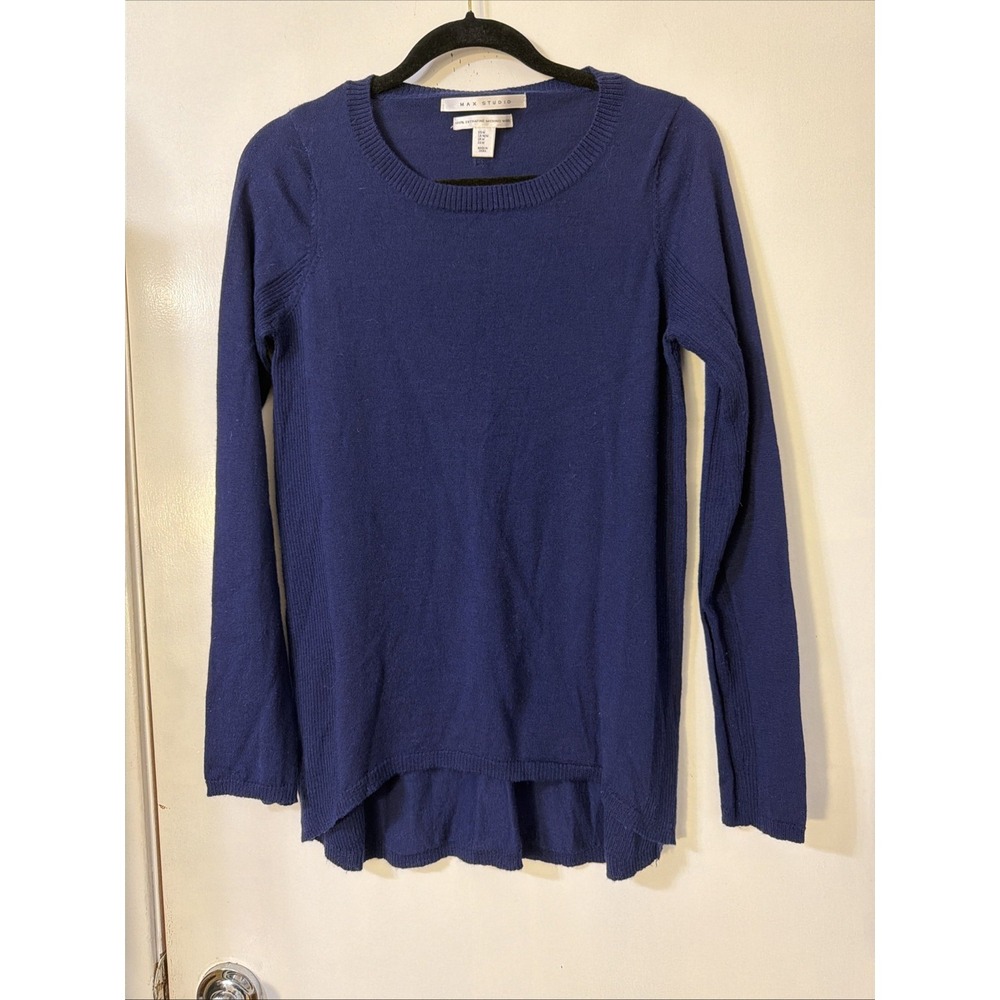 Max Studio Sweater Womens M Blue Extrafine Merino Wool Tunic High Low Pullover